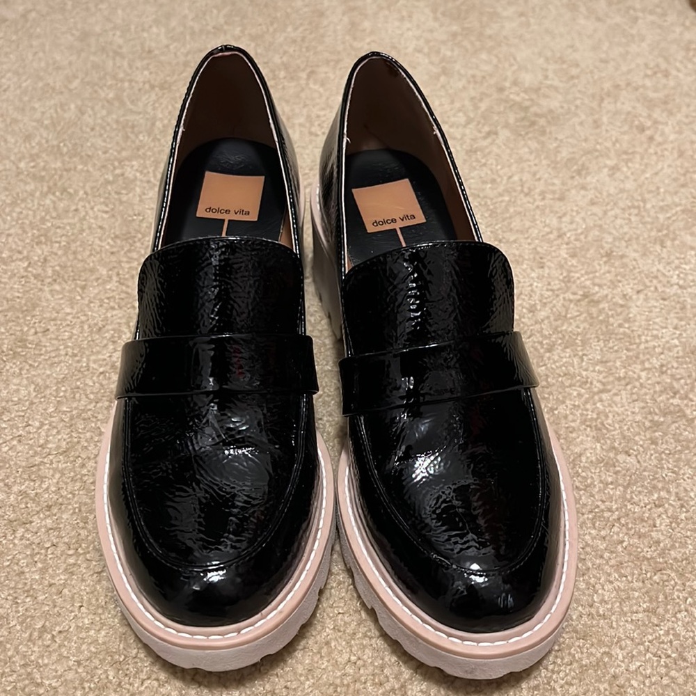 Dolce Vita Black Patent Loafers with white/Beige Sole